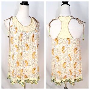 Free People Paisley Tunic Tank Top Rope Tie Shoulders Bead Tassel Racerback